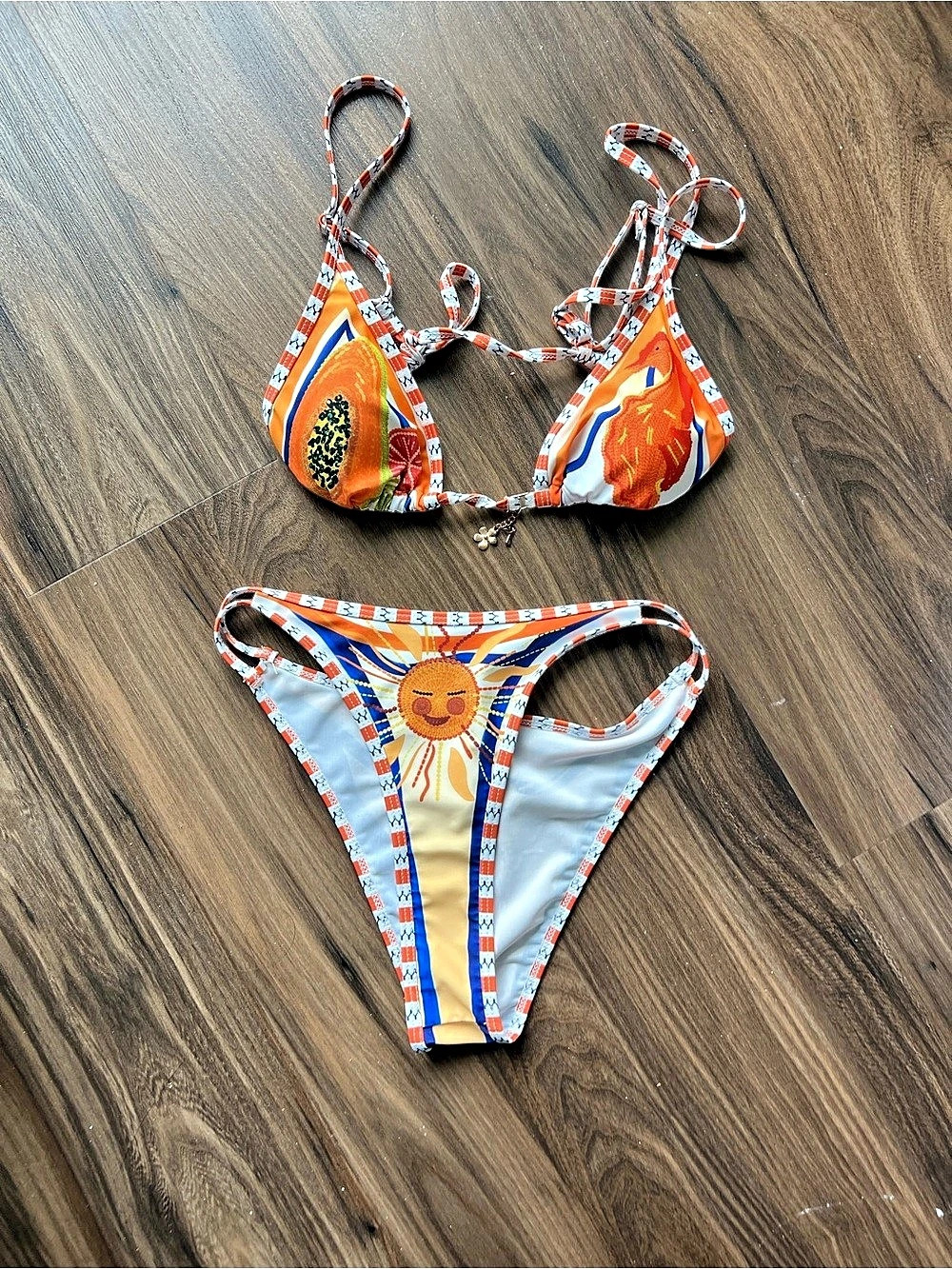 Mediterranean Sun & Fruit Print Triangle Bikini Set Orange Blue Size Small